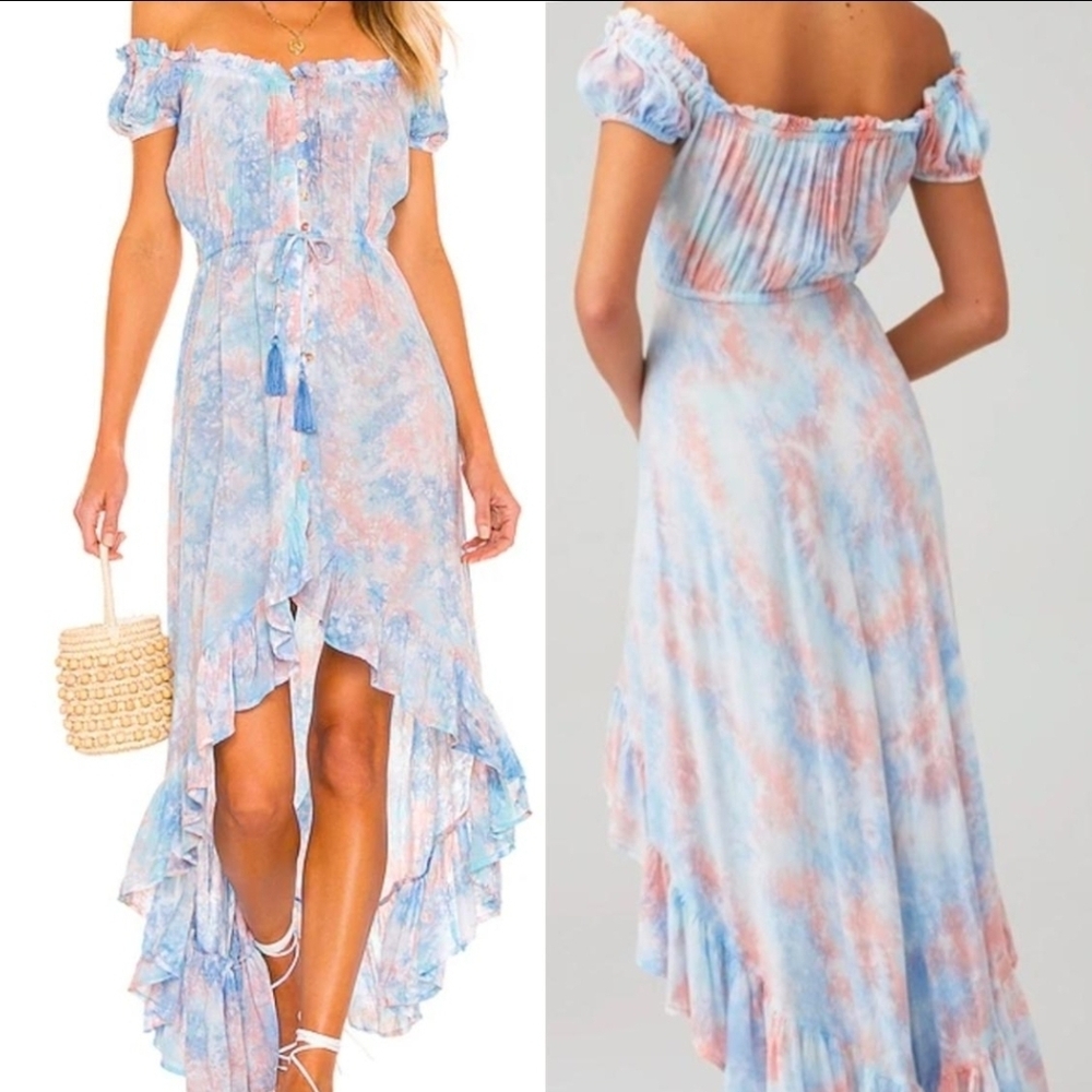 Tiare Hawaii Riviera Dress in Blue, Aqua & Peach Smoke XS Rayon Tie Dye Tassels